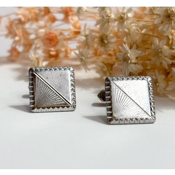 Art Deco Square Shaped Carved Sterling Silver Men's Classic Cuff Links - Picture 1 of 10